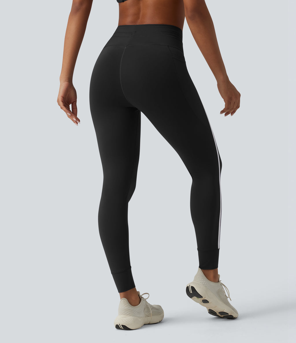High Waisted Drawstring Tummy Control Color Block Stripe 7/8 Yoga Leggings with Pockets — Black — view 2