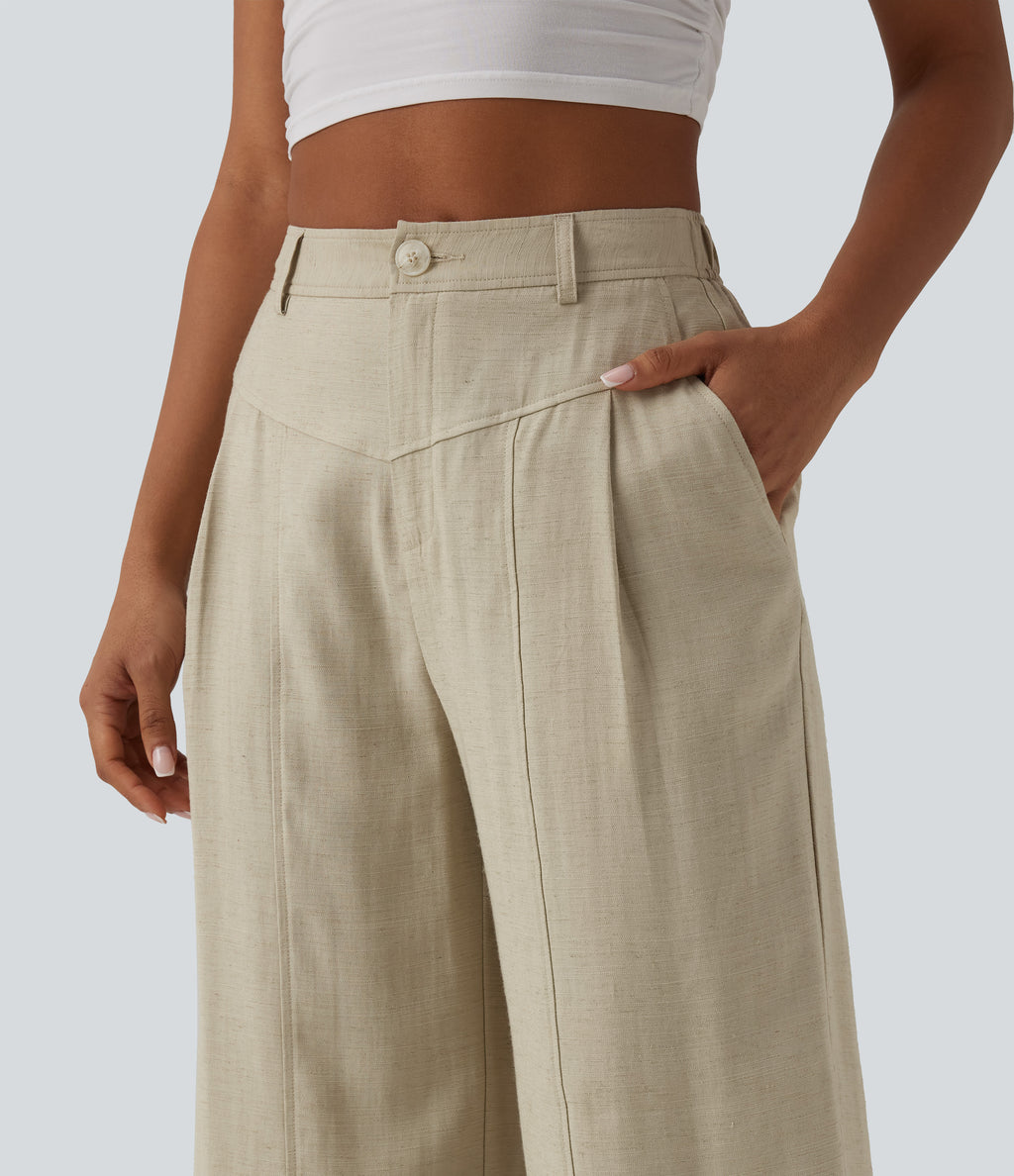 High Waisted Linen Casual Baggy Trousers with Pockets — Tidal Foam — view 4