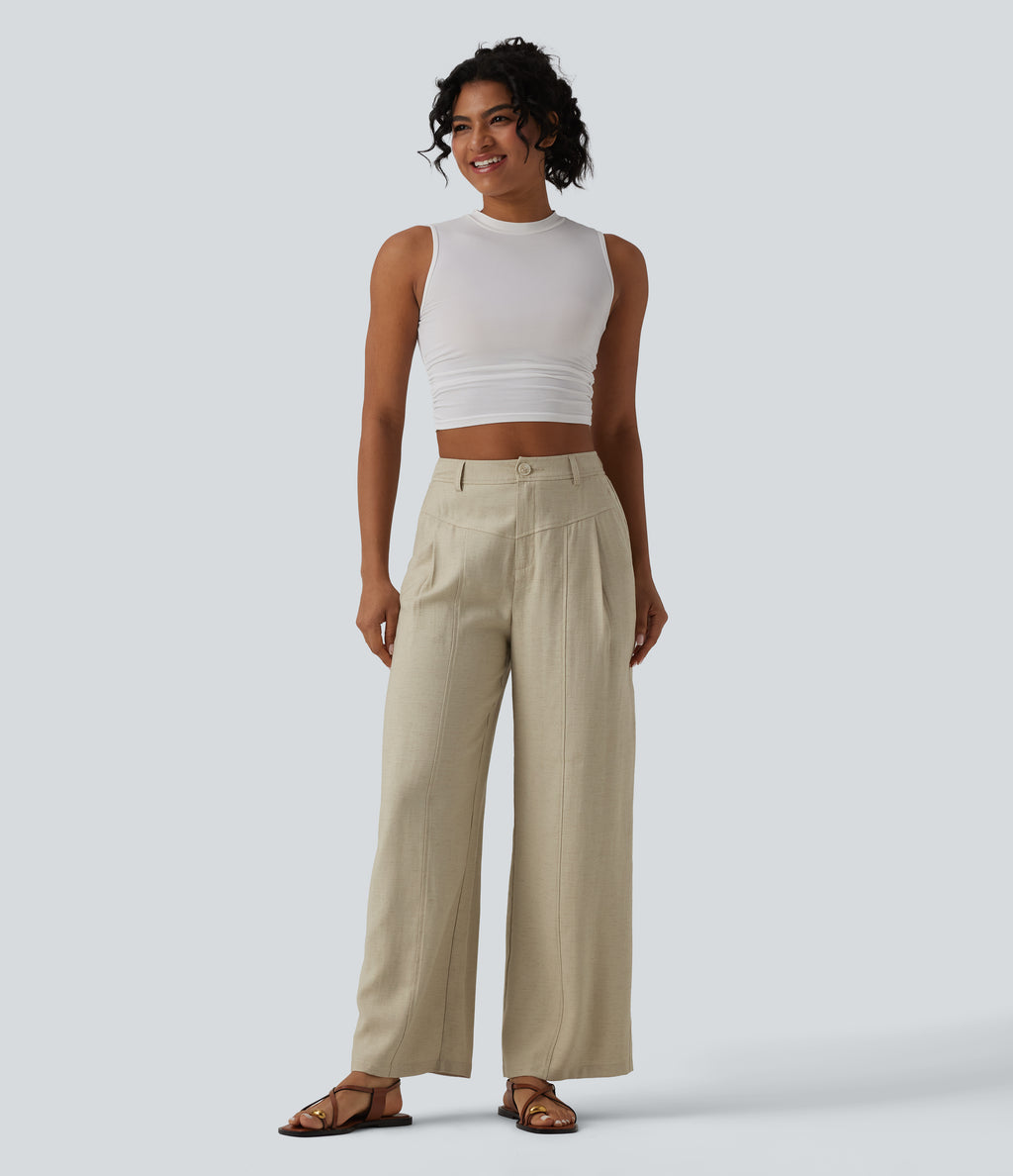 High Waisted Linen Casual Baggy Trousers with Pockets — Tidal Foam — view 6