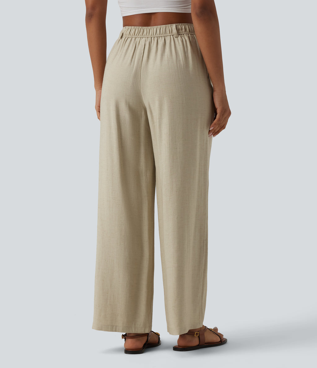 High Waisted Linen Casual Baggy Trousers with Pockets — Tidal Foam — view 2