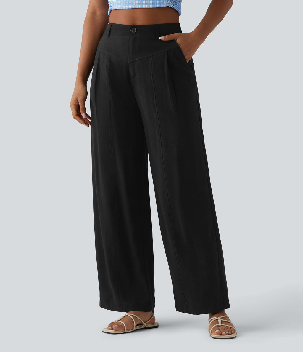 High Waisted Linen Casual Baggy Trousers with Pockets — Black — view 8