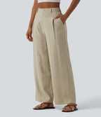 High Waisted Linen Casual Baggy Trousers with Pockets — Tidal Foam — view 3