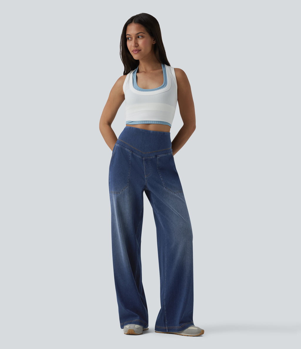 High Waisted Tummy Control Casual Baggy Jeans with Pockets — Tide Blue Denim — view 6