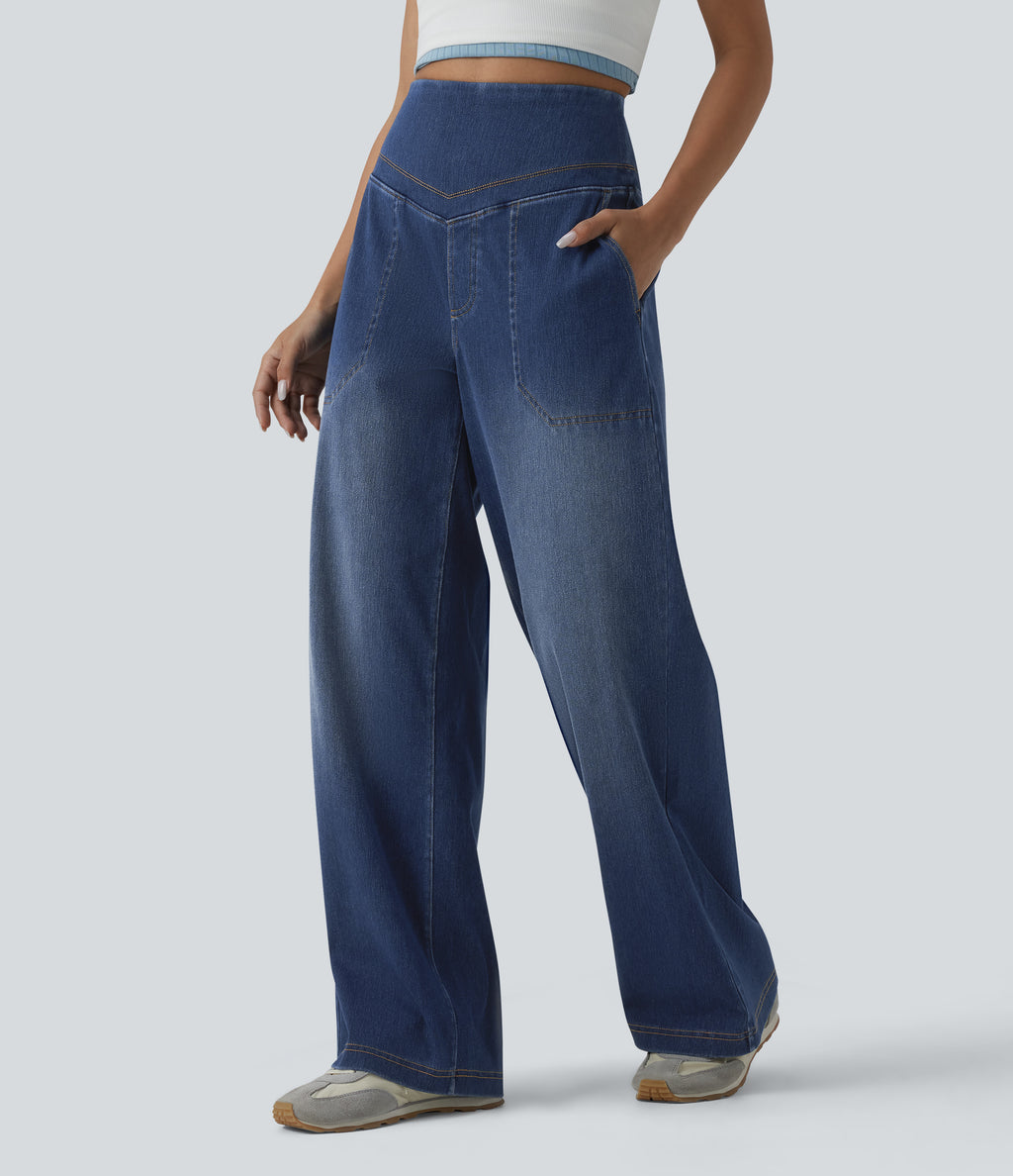 High Waisted Tummy Control Casual Baggy Jeans with Pockets — Tide Blue Denim — view 3