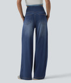 High Waisted Tummy Control Casual Baggy Jeans with Pockets — Tide Blue Denim — view 2