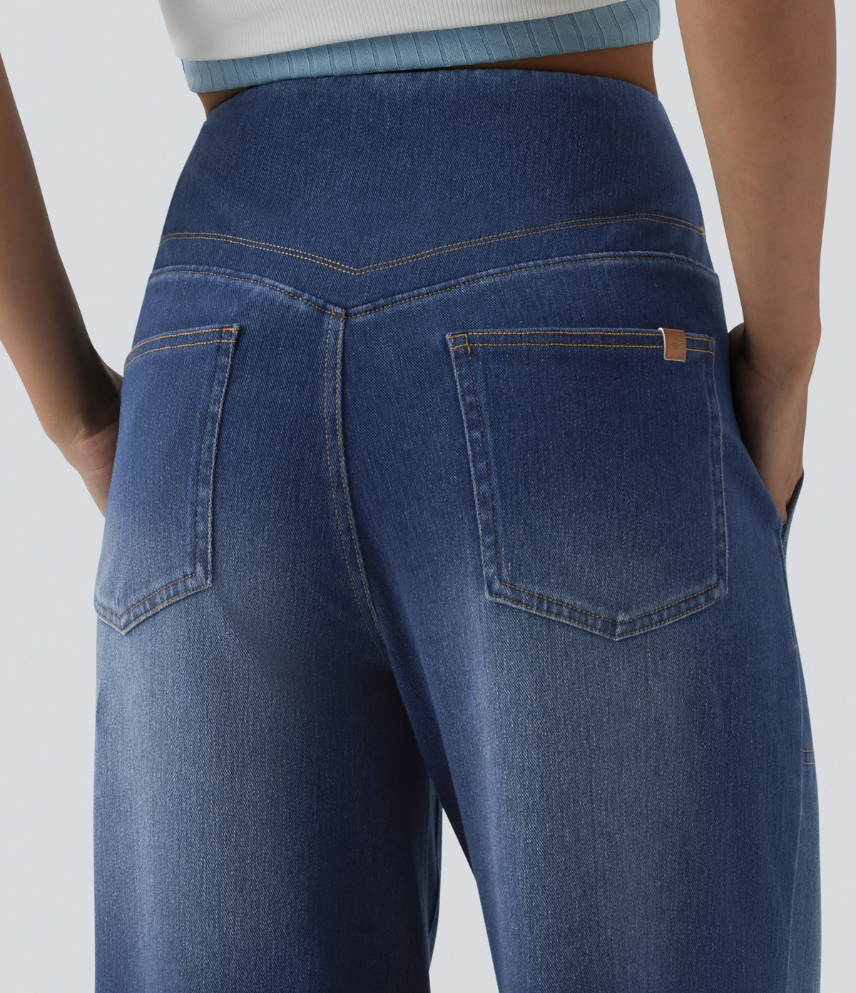 High Waisted Tummy Control Casual Baggy Jeans with Pockets — Tide Blue Denim — view 5