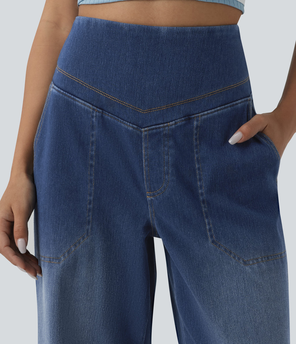 High Waisted Tummy Control Casual Baggy Jeans with Pockets — Tide Blue Denim — view 4