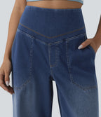 High Waisted Tummy Control Casual Baggy Jeans with Pockets — Tide Blue Denim — view 4