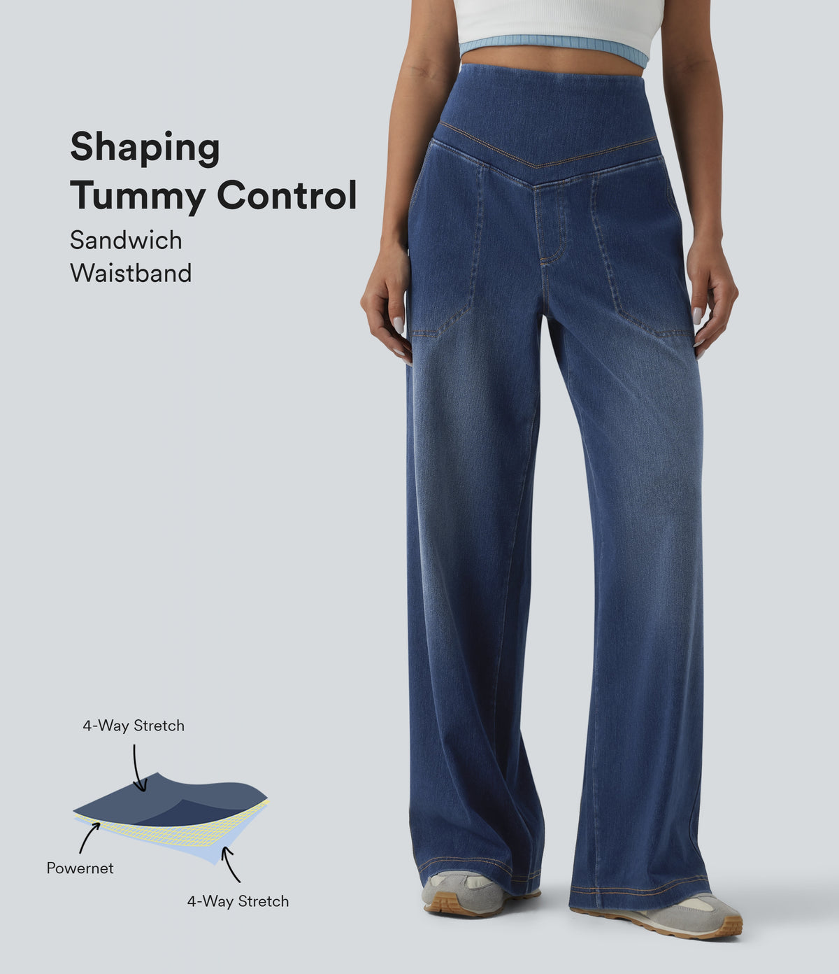 High Waisted Tummy Control Casual Baggy Jeans with Pockets — Tide Blue Denim — view 1