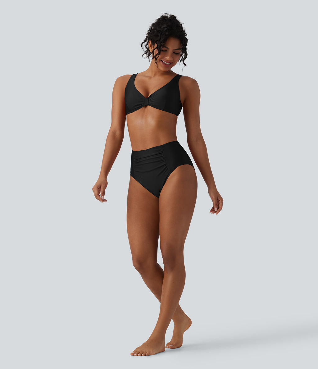 High Waisted Tummy Control Ruched Bikini Bottom Swimsuit — Black — additional view