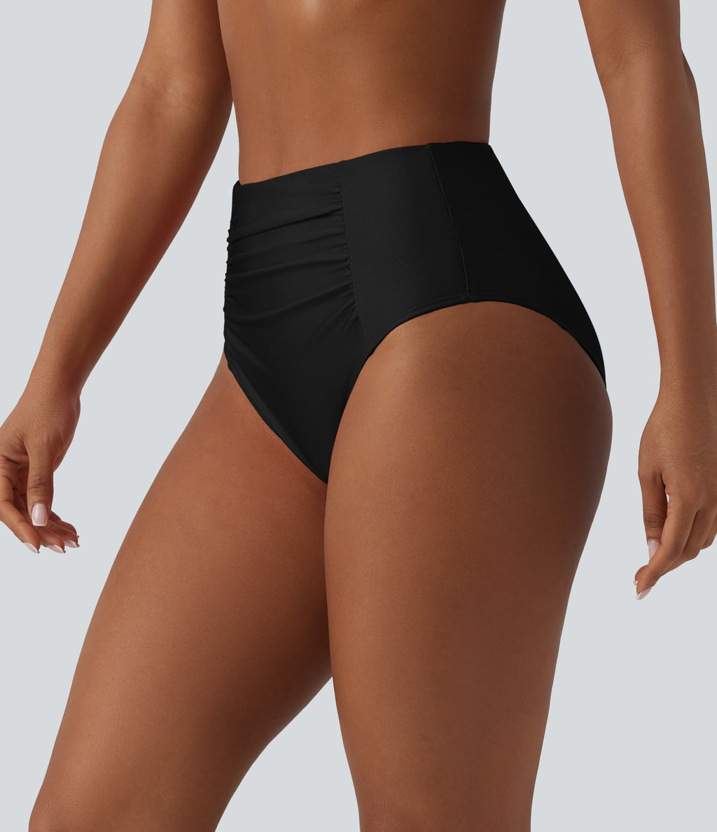 High Waisted Tummy Control Ruched Bikini Bottom Swimsuit — Black — additional view