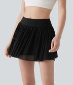 Mid Rise Contrast Mesh 2-in-1 Mini Tennis Skirt with Pocket — Black — view 9