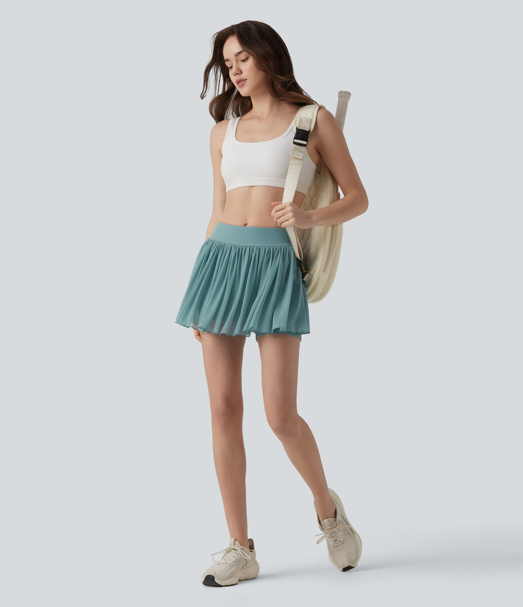 Mid Rise Contrast Mesh 2-in-1 Mini Tennis Skirt with Pocket — Morning Dew Green — view 8
