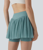Mid Rise Contrast Mesh 2-in-1 Mini Tennis Skirt with Pocket — Morning Dew Green — view 6