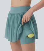 Mid Rise Contrast Mesh 2-in-1 Mini Tennis Skirt with Pocket — Morning Dew Green — view 4
