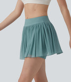 Mid Rise Contrast Mesh 2-in-1 Mini Tennis Skirt with Pocket — Morning Dew Green — view 3