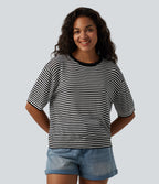 Round Neck Short Sleeve Stripe Casual Linen-Feel Jumper — Black White Stripe — view 3