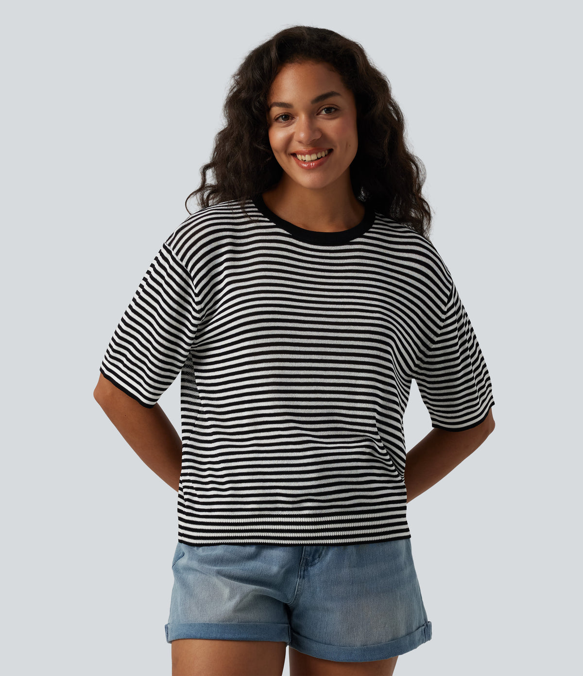 Round Neck Short Sleeve Stripe Casual Linen-Feel Jumper — Black White Stripe — view 3