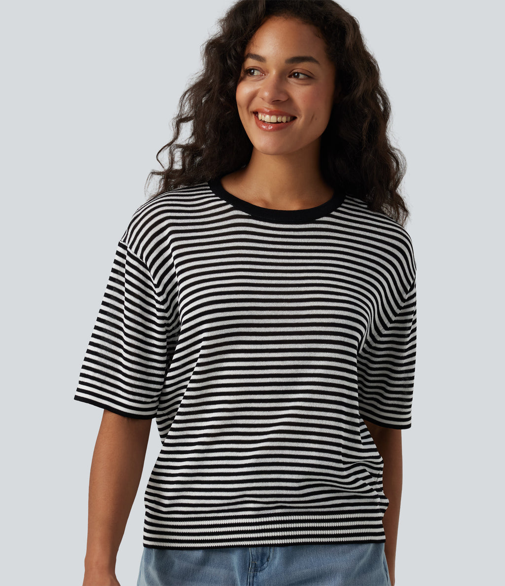 Round Neck Short Sleeve Stripe Casual Linen-Feel Jumper — Black White Stripe — view 5