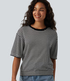 Round Neck Short Sleeve Stripe Casual Linen-Feel Jumper — Black White Stripe — view 5