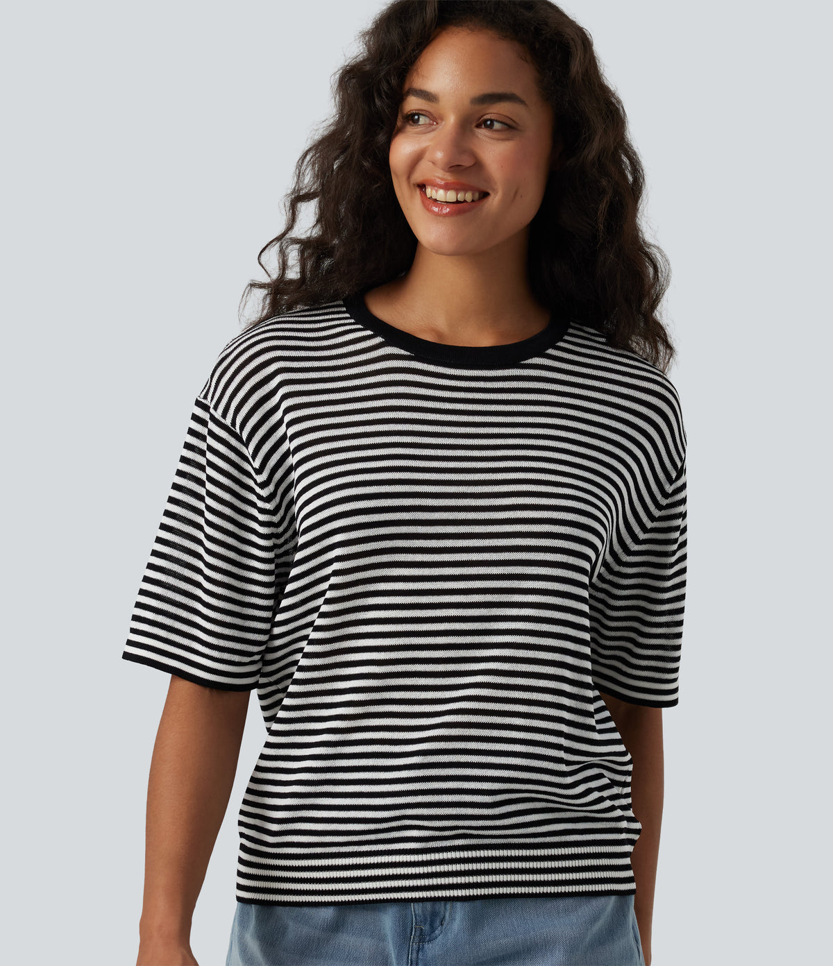 Round Neck Short Sleeve Stripe Casual Linen-Feel Jumper — Black White Stripe — view 5