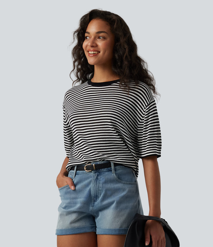 Round Neck Short Sleeve Stripe Casual Linen-Feel Jumper — Black White Stripe — view 1