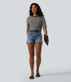 Round Neck Short Sleeve Stripe Casual Linen-Feel Jumper — Black White Stripe — view 6