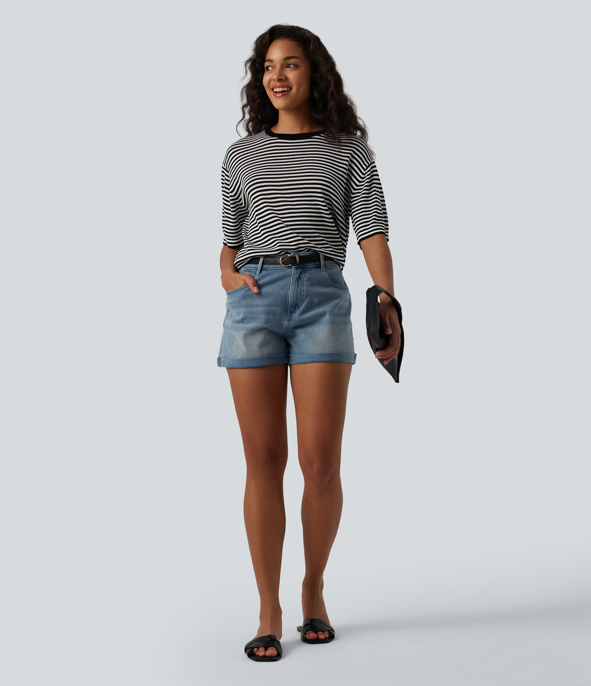 Round Neck Short Sleeve Stripe Casual Linen-Feel Jumper — Black White Stripe — view 6