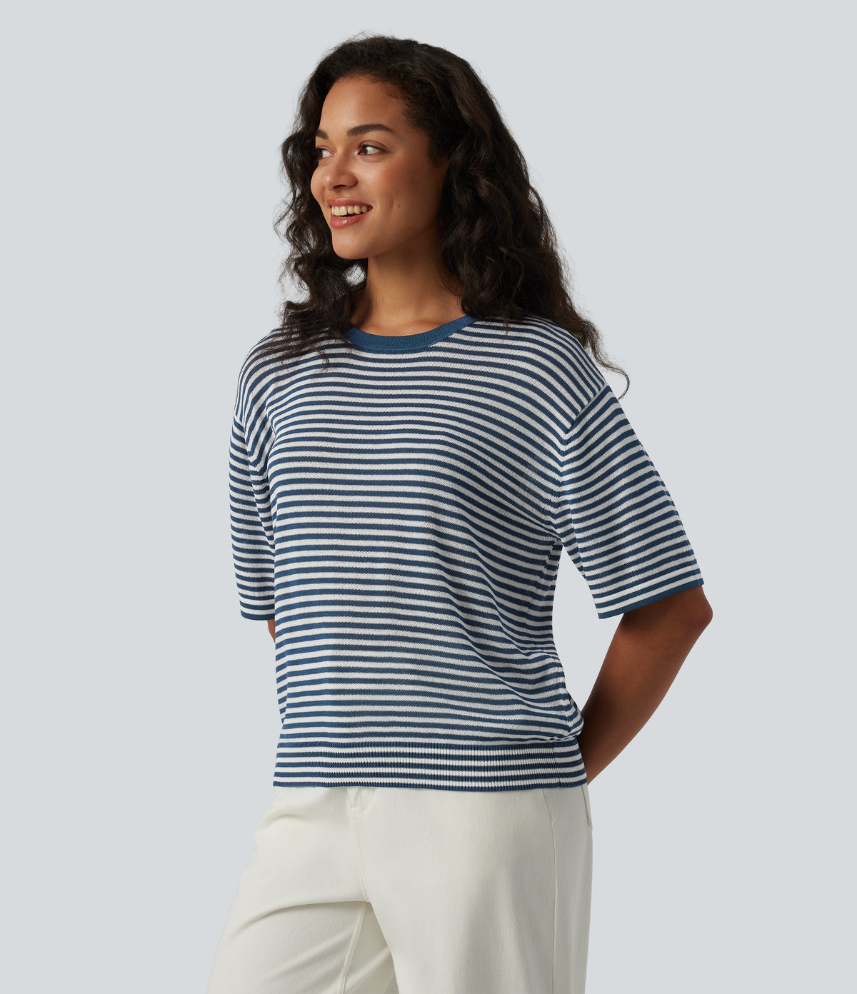 Round Neck Short Sleeve Stripe Casual Linen-Feel Jumper — Seven Seas - Nautical Blue & White Stripes — view 7