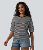 Round Neck Short Sleeve Stripe Casual Linen-Feel Jumper — Black White Stripe — view 4