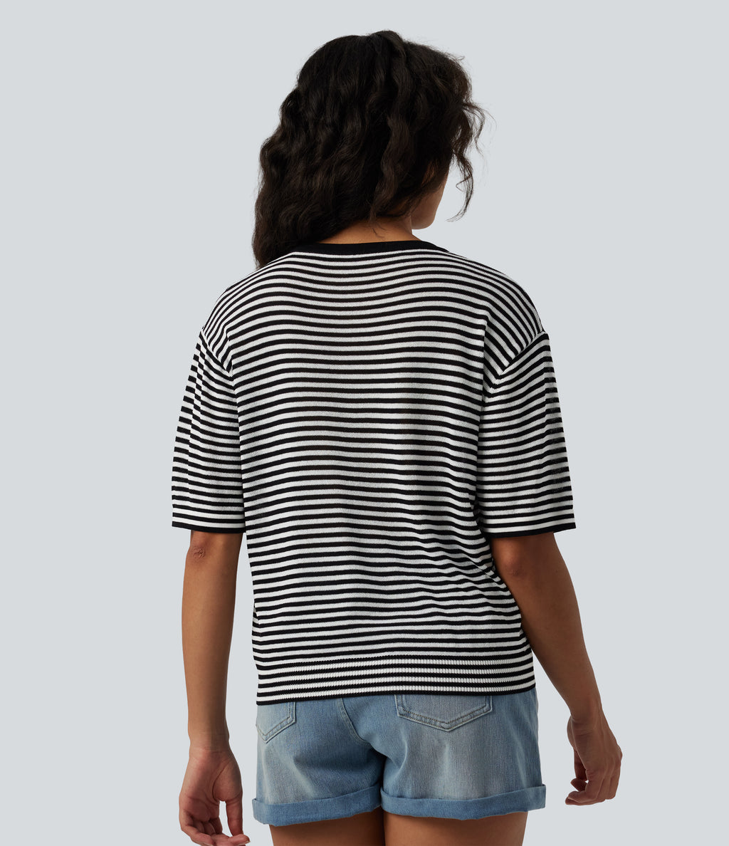 Round Neck Short Sleeve Stripe Casual Linen-Feel Jumper — Black White Stripe — view 2