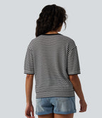 Round Neck Short Sleeve Stripe Casual Linen-Feel Jumper — Black White Stripe — view 2