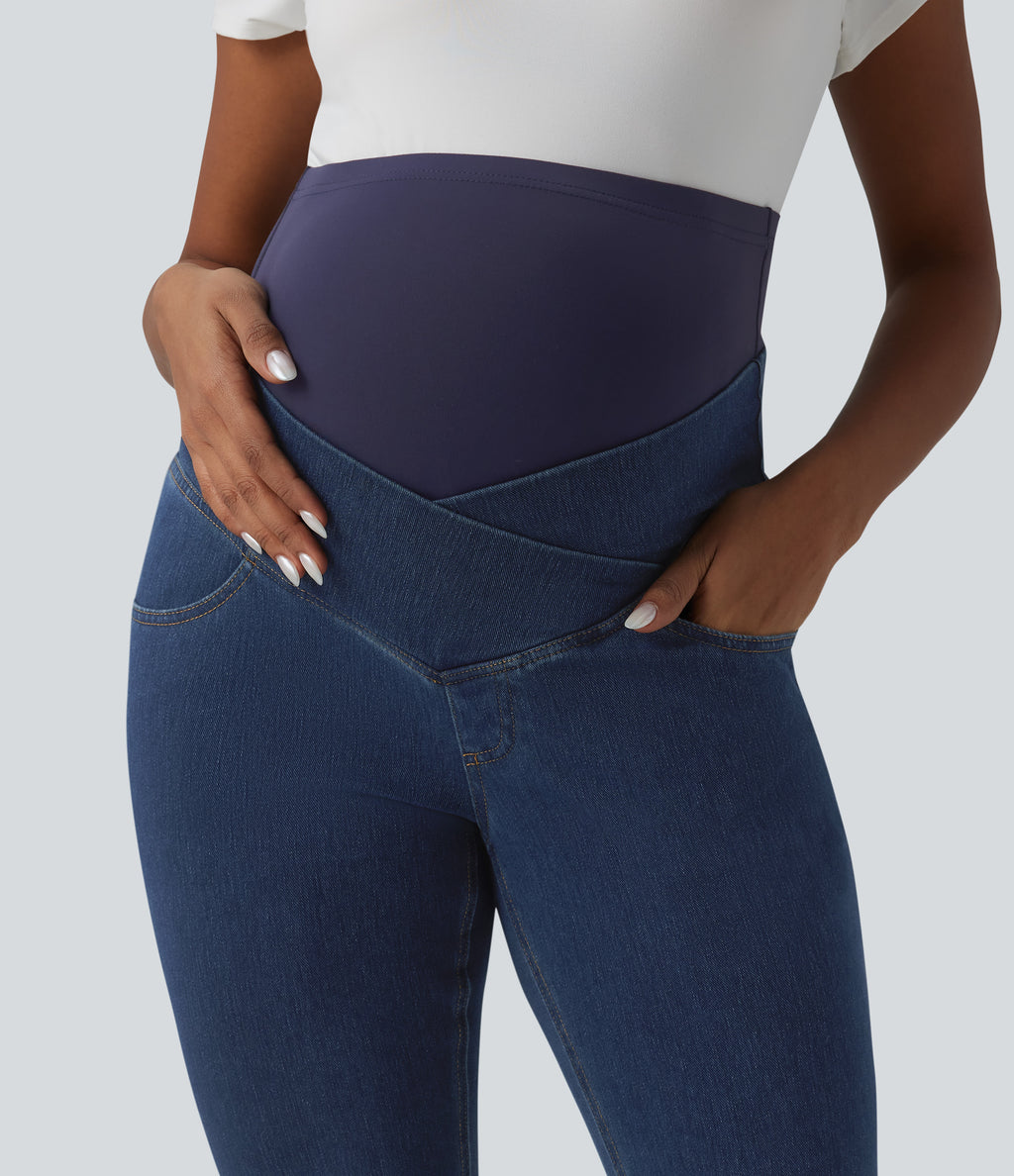 Super High Waisted Crossover Flare Casual Maternity Jeans with Pockets — Estate Blue Denim — view 5
