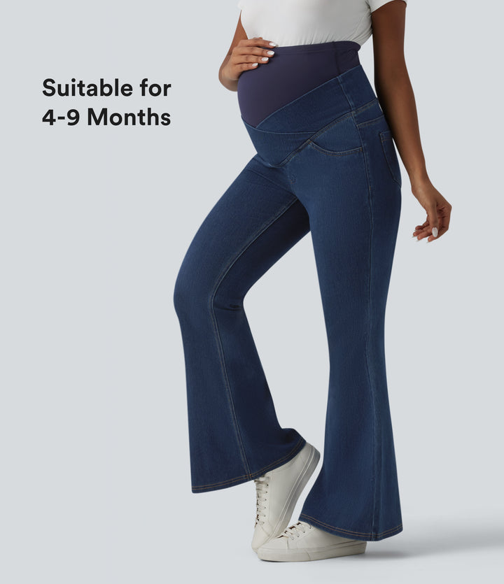 Super High Waisted Crossover Flare Casual Maternity Jeans with Pockets — Estate Blue Denim — view 1