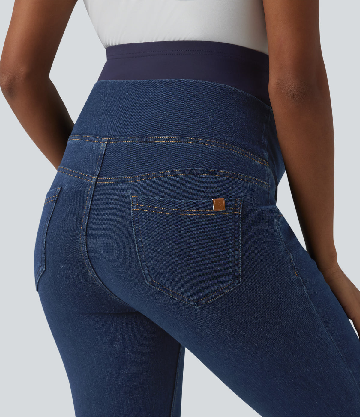Super High Waisted Crossover Flare Casual Maternity Jeans with Pockets — Estate Blue Denim — view 4