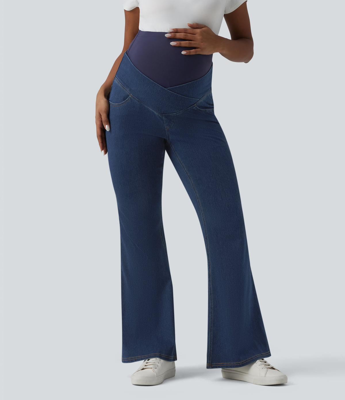 Super High Waisted Crossover Flare Casual Maternity Jeans with Pockets — Estate Blue Denim — view 3