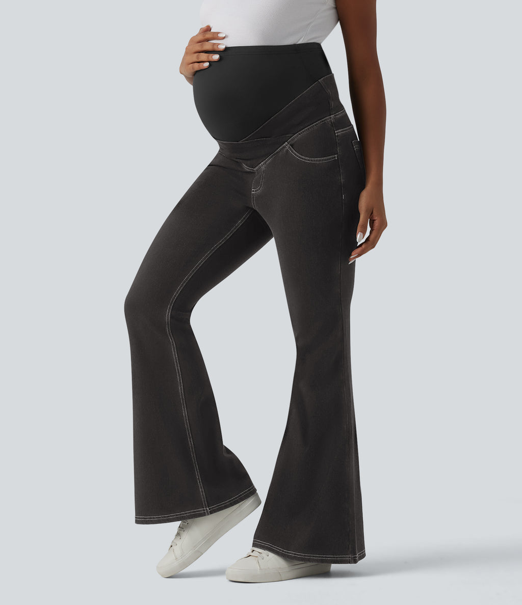 Super High Waisted Crossover Flare Casual Maternity Jeans with Pockets — Phantom Denim — view 6