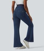 Super High Waisted Crossover Flare Casual Maternity Jeans with Pockets — Estate Blue Denim — view 2