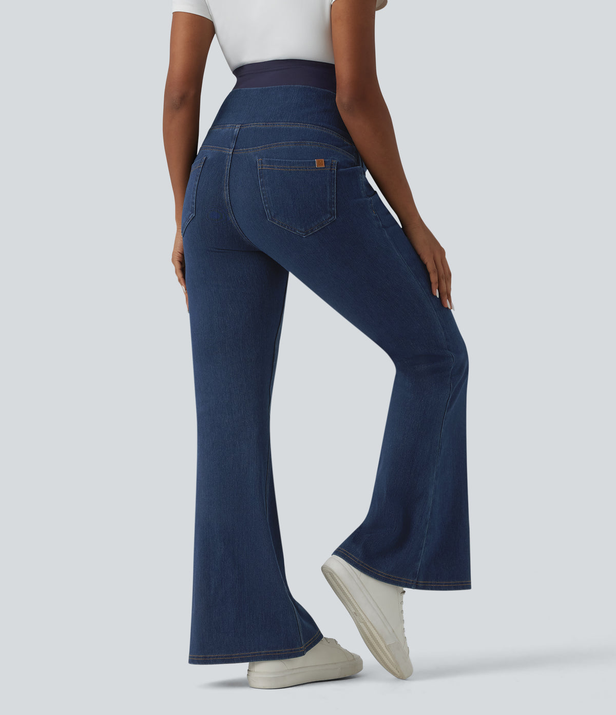 Super High Waisted Crossover Flare Casual Maternity Jeans with Pockets — Estate Blue Denim — view 2