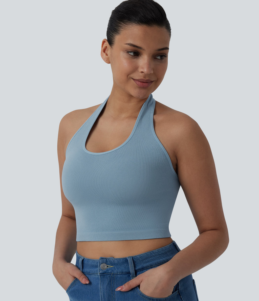 OneForm Seamless Flow Halter Cropped Casual Tank Top — Cloudless Sky — view 5
