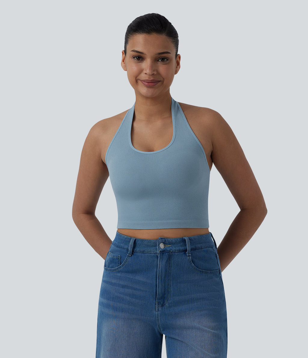 OneForm Seamless Flow Halter Cropped Casual Tank Top — Cloudless Sky — view 2