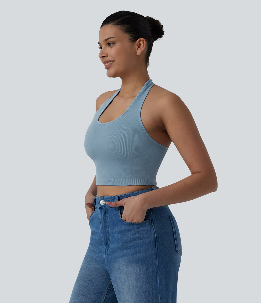 OneForm Seamless Flow Halter Cropped Casual Tank Top — Cloudless Sky — view 3