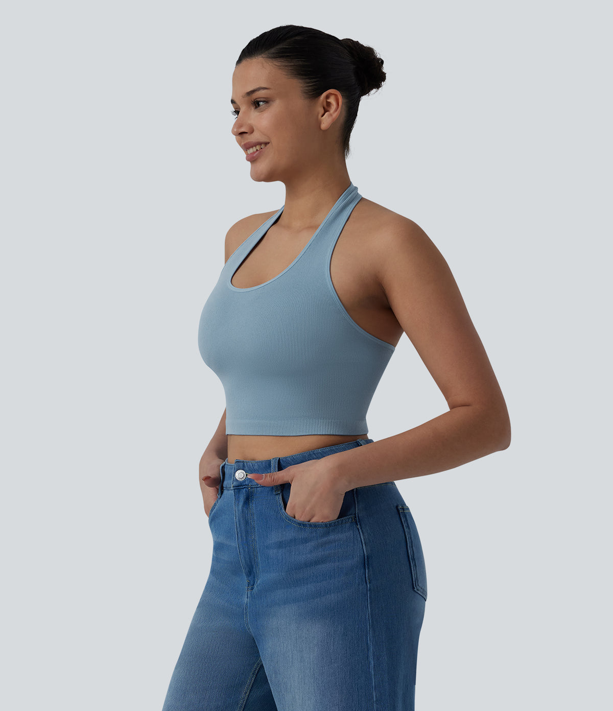 OneForm Seamless Flow Halter Cropped Casual Tank Top — Cloudless Sky — view 3