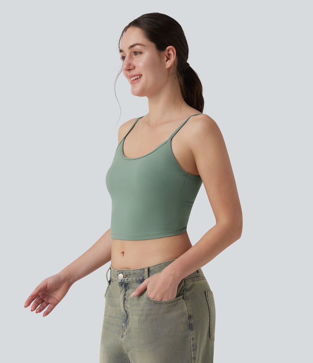 U Neck Built-in Bra Cropped Casual Tank Top — Hedge Green — view 3