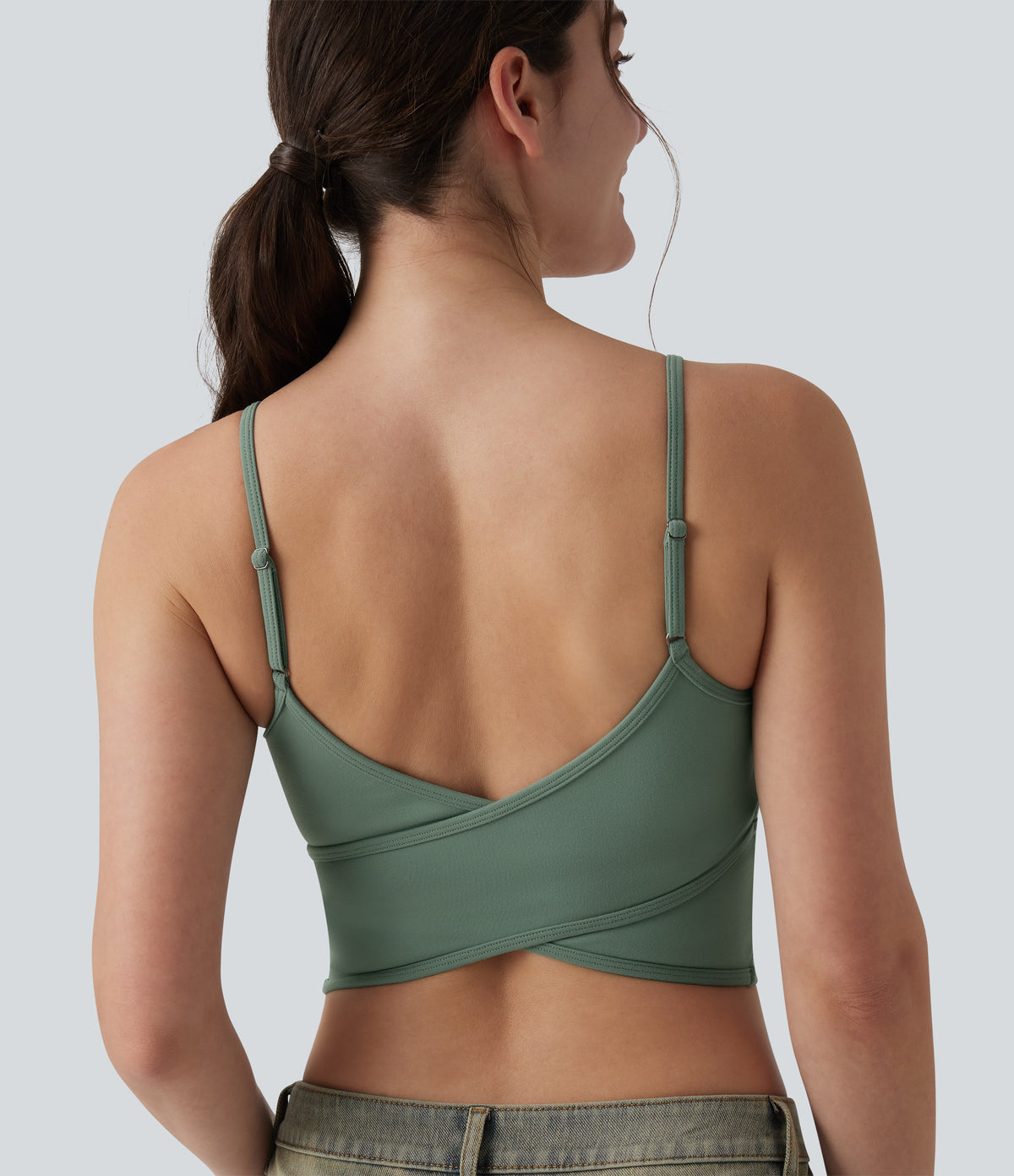 U Neck Built-in Bra Cropped Casual Tank Top — Hedge Green — view 1