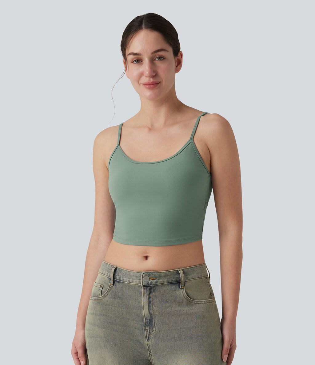 U Neck Built-in Bra Cropped Casual Tank Top — Hedge Green — view 2