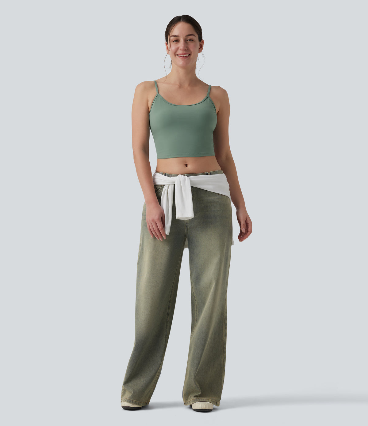 U Neck Built-in Bra Cropped Casual Tank Top — Hedge Green — view 5