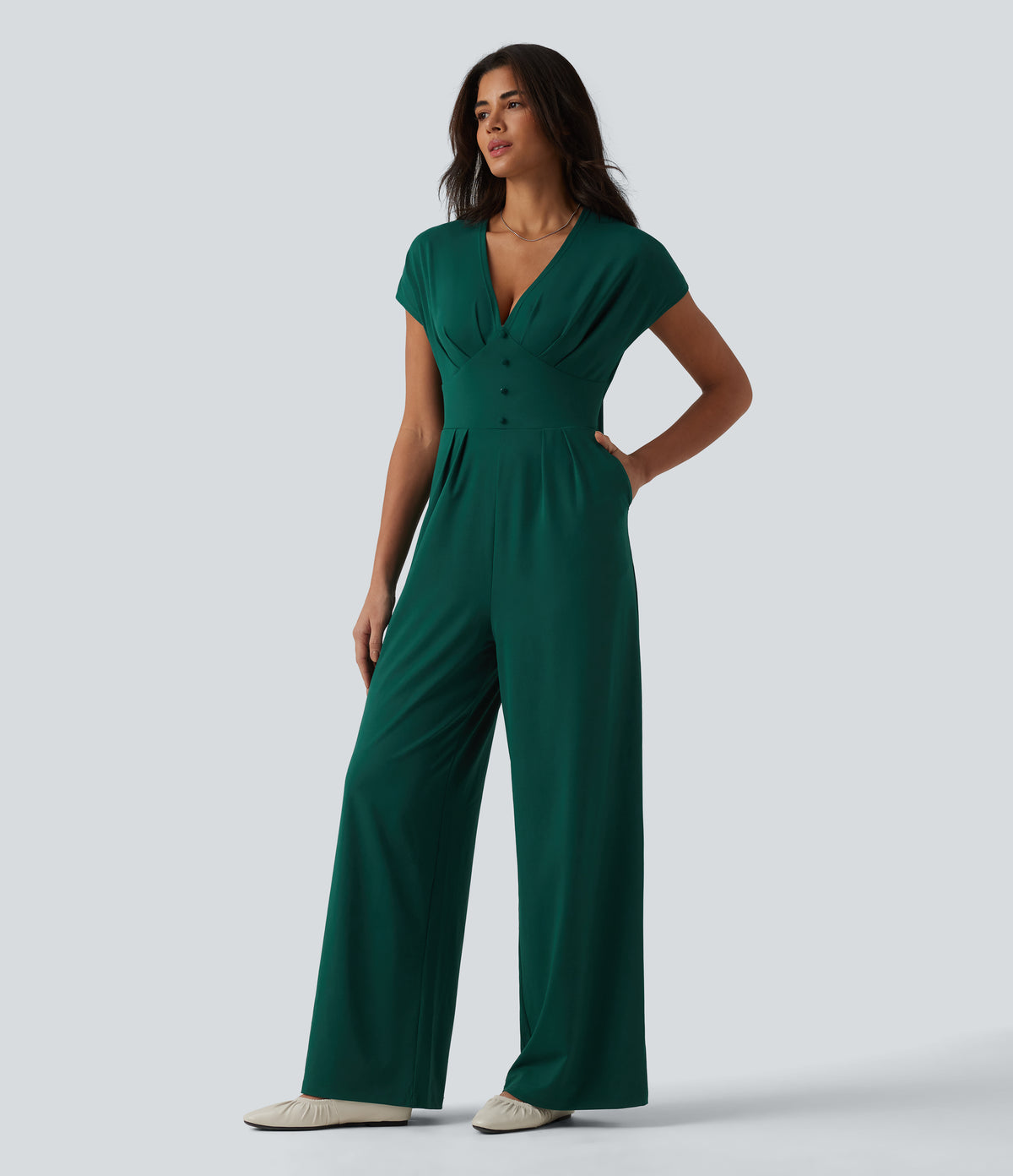 V Neck Short Sleeve Wide Leg Casual Jumpsuit with Pockets-Edition — Evergreen — view 4