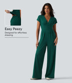 V Neck Short Sleeve Wide Leg Casual Jumpsuit with Pockets-Edition — Evergreen — view 1