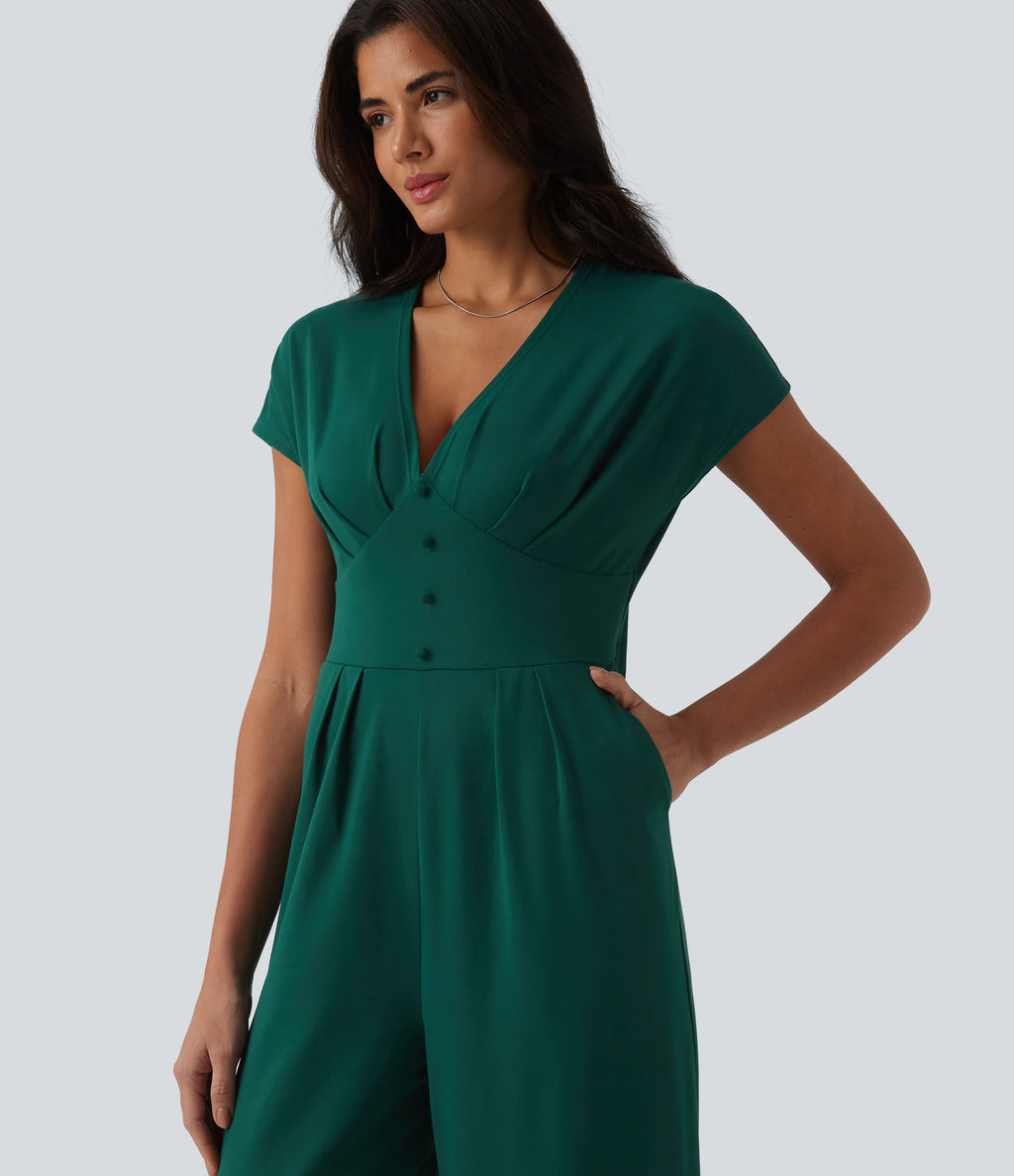 V Neck Short Sleeve Wide Leg Casual Jumpsuit with Pockets-Edition — Evergreen — view 6